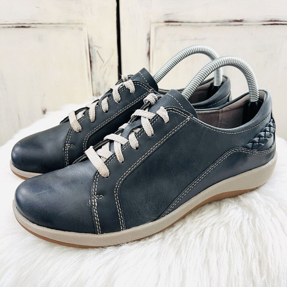 Aetrex Dark Gray Black Genuine Leather Braided Heel Sneakers Shoes ~ EU39 US8.5